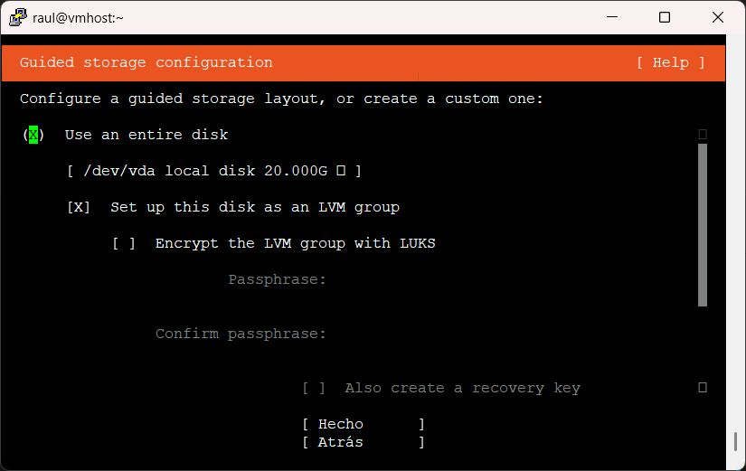 Selección de disco y particionado