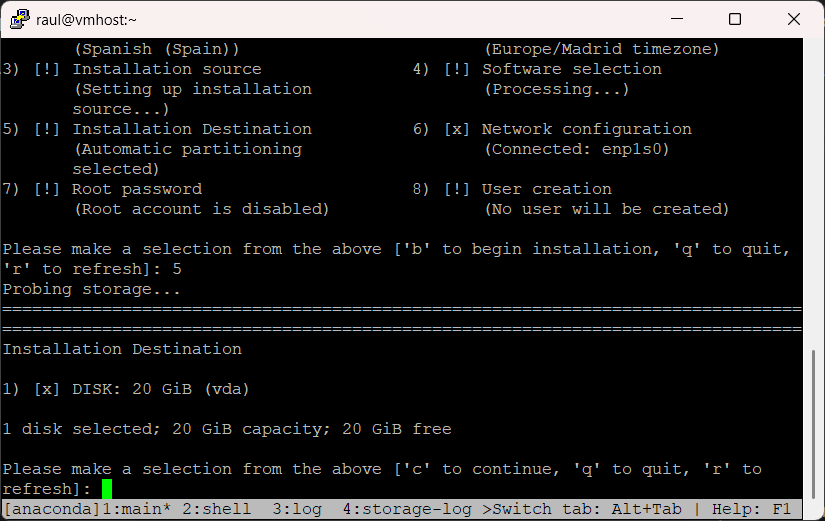 Selección de disco de destino