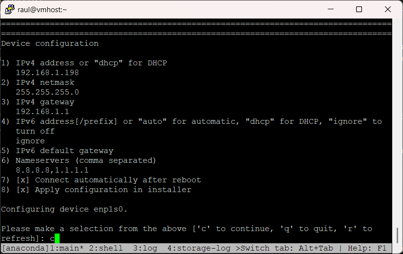 Formulario de interfaz de red completado