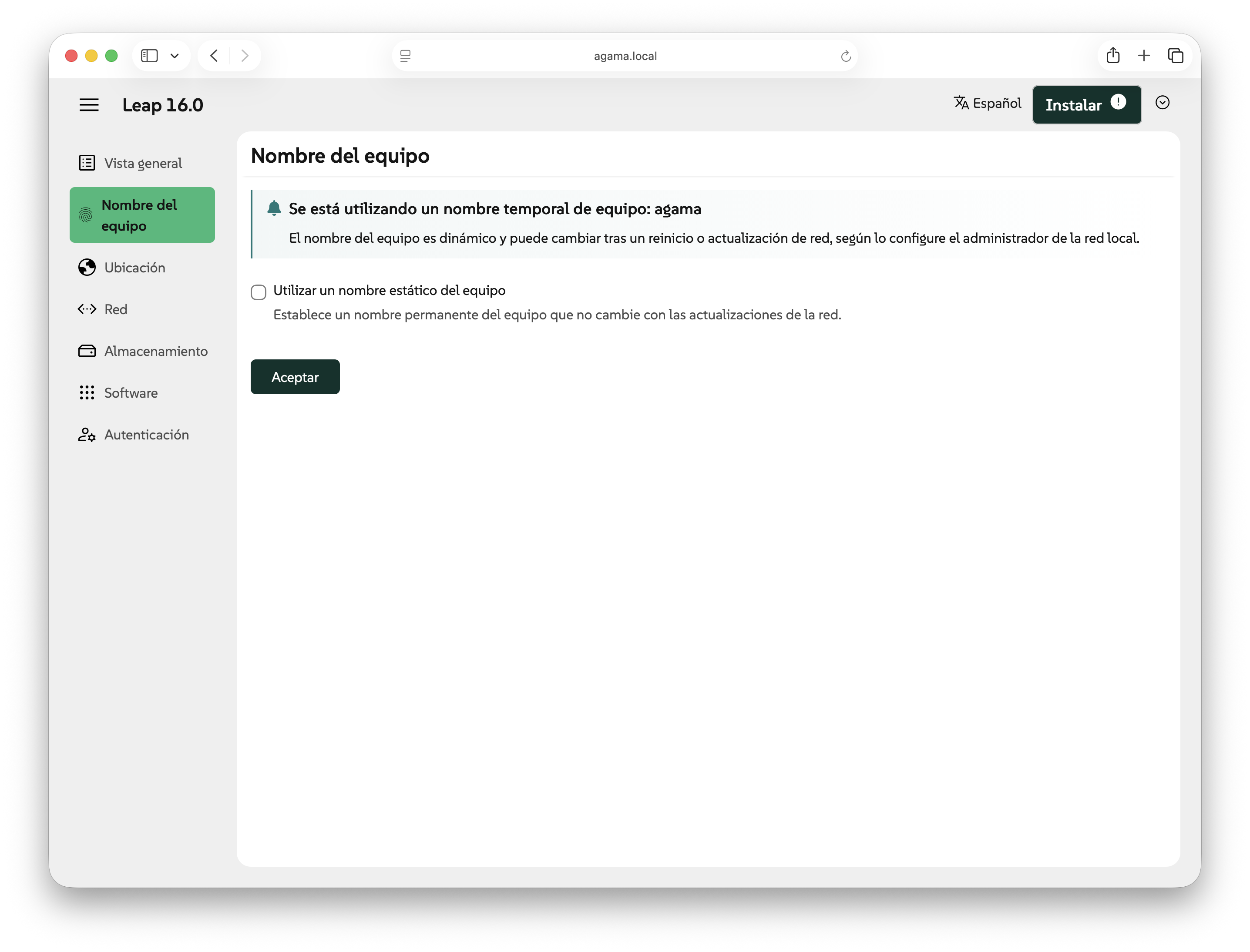 Página Nombre del equipo